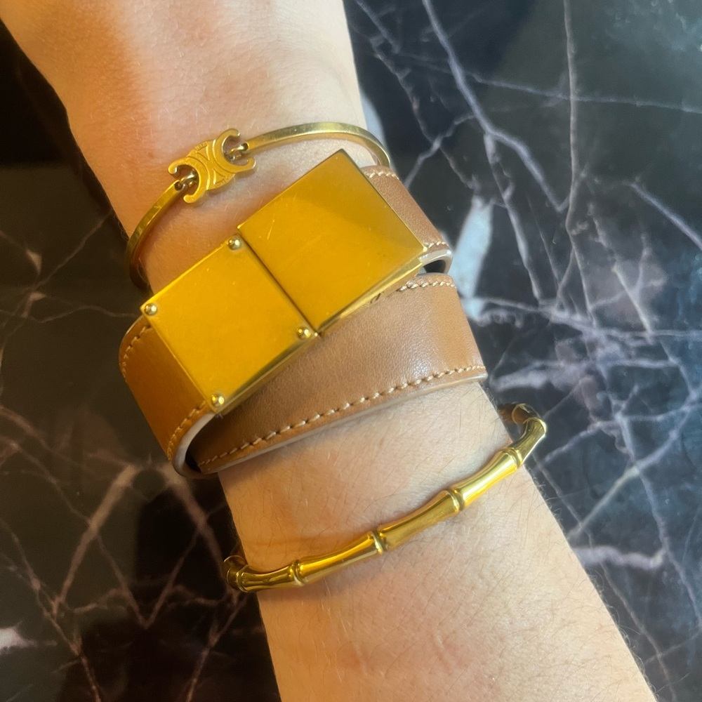 $710 CELINE Double-Wrap Bracelet, Tan Leather w/ Gold Hardware, Size Medium